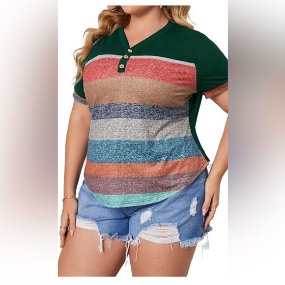 Colorblock V neck  Multicolor Blouse - Picture 1 of 9